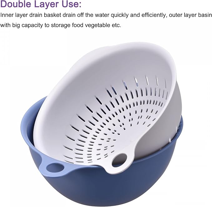 uxcell Kitchen Strainer Colander Bowl Set, Small Double Layer Drain Basin and Basket Suitable for Fruits, Vegetables, Pasta, Berry, Cleaning Washing - Blue