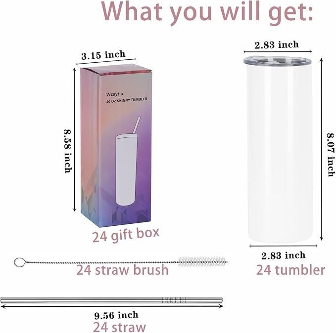 24 Pack 20 Oz Straight Skinny Tumblers,Individually Gift Boxed Stainless Steel Slim Skinny Tumbler Set Bulk, 20 Oz Insulated Slim Thin Travel Tumbler Cup for Diy, White