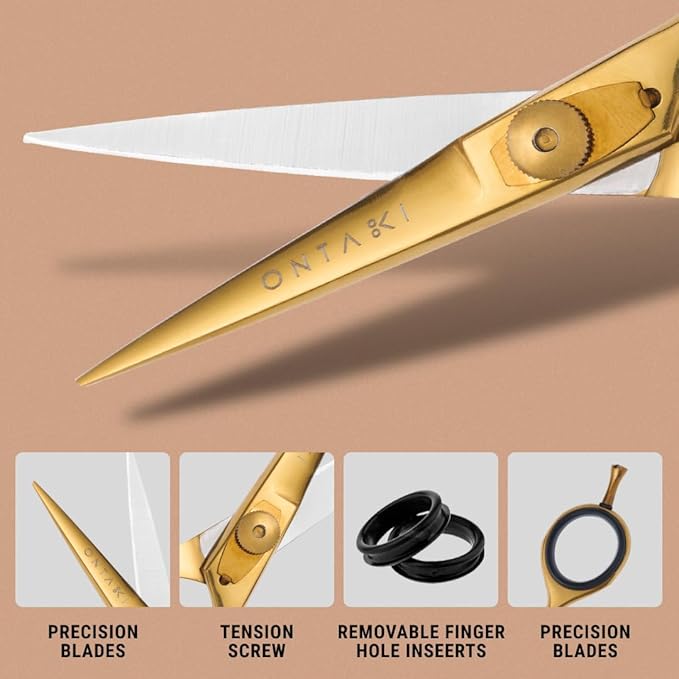 Ontaki Beard & Mustache Scissors for Men - 5.5" Japanese Steel, Gold Brass - Sharp Blades, Ergonomic Finger Rest & Adjustable Tension Screw for Perfect Hair Trimming - Beard Scissors