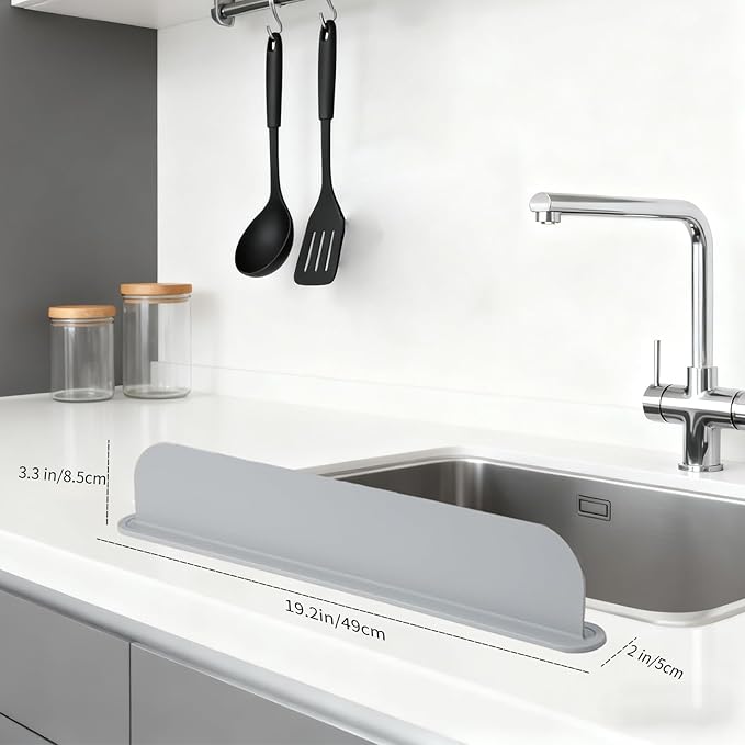 19.2inch(49cm) Silicone Sink Splash Guard, Sink Splash Guard with Suction Cup,Kitchen Sink Water Splash Guard, Kitchen Sink Splash Guard that Can Be Placed Behind (1, Gray)