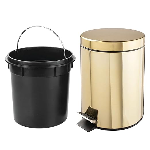 mDesign Small Modern 1.3 Gallon Round Metal Lidded Step Trash Can, Compact Garbage Bin with Removable Liner Bucket and Handle for Bathroom, Kitchen, Craft Room, Office, Garage - Soft Brass, 5 liter