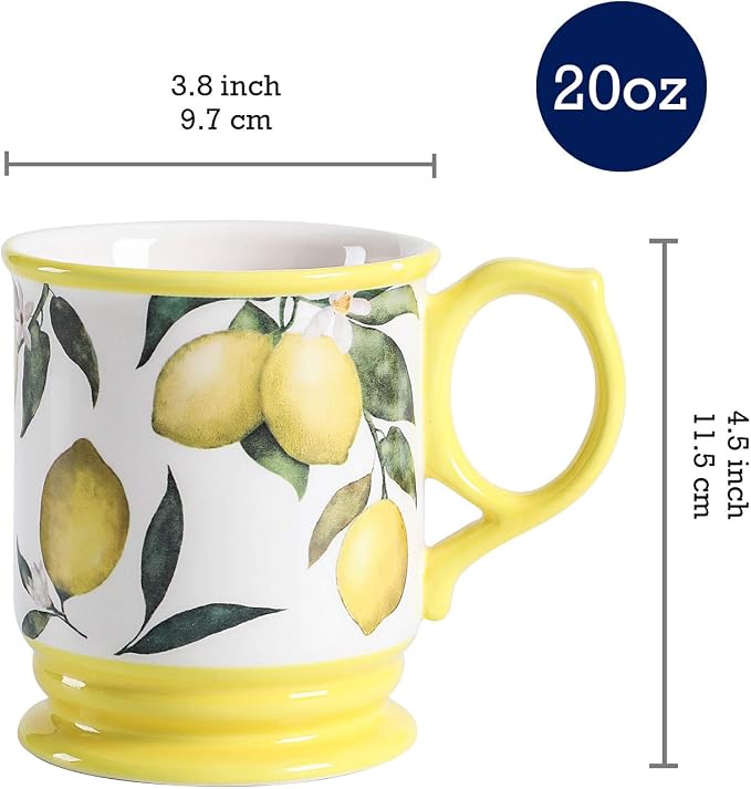 Bico Lemon Dreams Ceramic Coffee Mugs Set of 4, 20 oz Large Tea Cups with Handle, Aesthetic Latte Mugs for Cappuccino Cocoa, Lead-Free, Dishwasher and Microwave Safe, Housewarming Gift