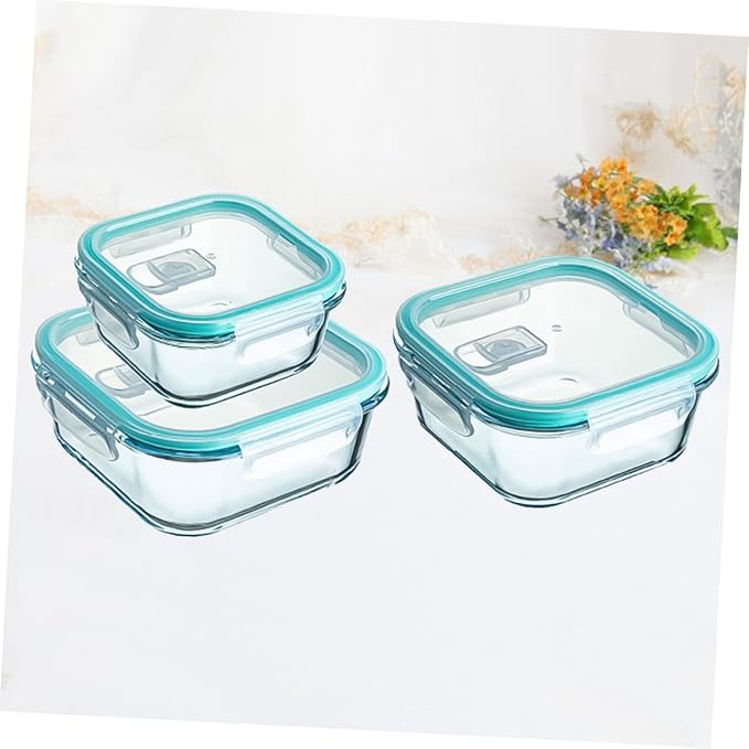 PRETYZOOM 3Pcs Convenient Sky-blue Glass Bowl with Hidden Vent Heat-resistant and Safe for Microwave Use Practical Household Food Storage Containers in Multiple
