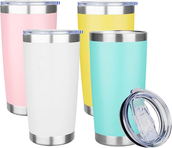 20oz Tumbler with Lid Stainless Steel Insulated Tumblers Travel Coffee (4, Yellow/White/Light Green/Light Pink)