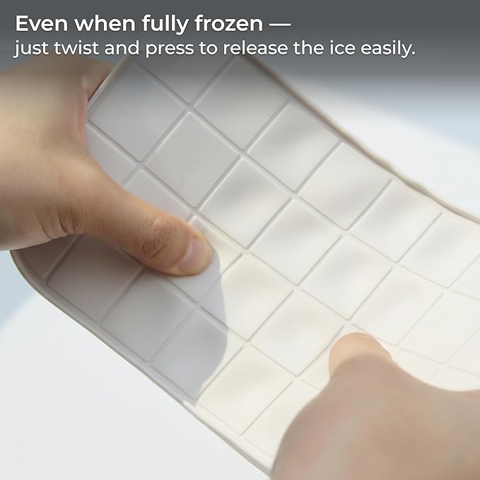 Ice Cube Tray Set with Lid & Bin, 2 Silicone Trays (32-Cube Each, 64 Total), Easy-Release, Stackable, Leak-Proof, Dishwasher Safe, Sand Beige