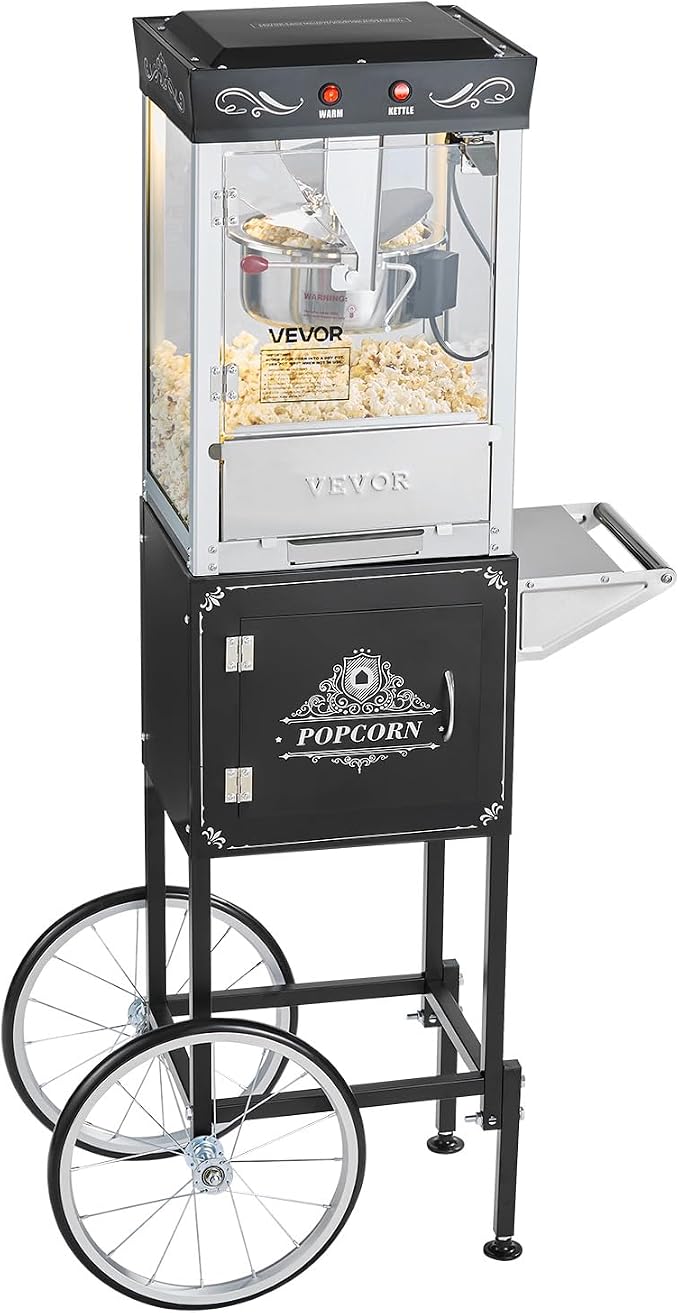 VEVOR Popcorn Machine with Cart, 8oz Stainless Steel Kettle, 800W Commercial Popcorn Maker, 48 Cups per Batch Theater Style Popper, with 2-Button Control Glass Wall PC Door 1 Scoop 3 Spoons, Black