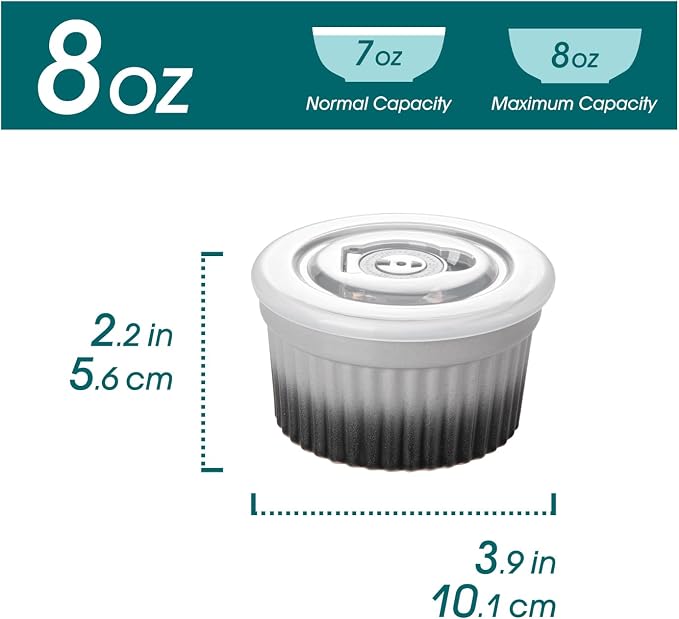 vancasso 8 oz Ramekins with Lid, Porcelain Creme Brulee Souffle Dishes, Grey Pudding Custard Cups Ramiken for Baking, Dishwasher and Oven Safe, Set of 6