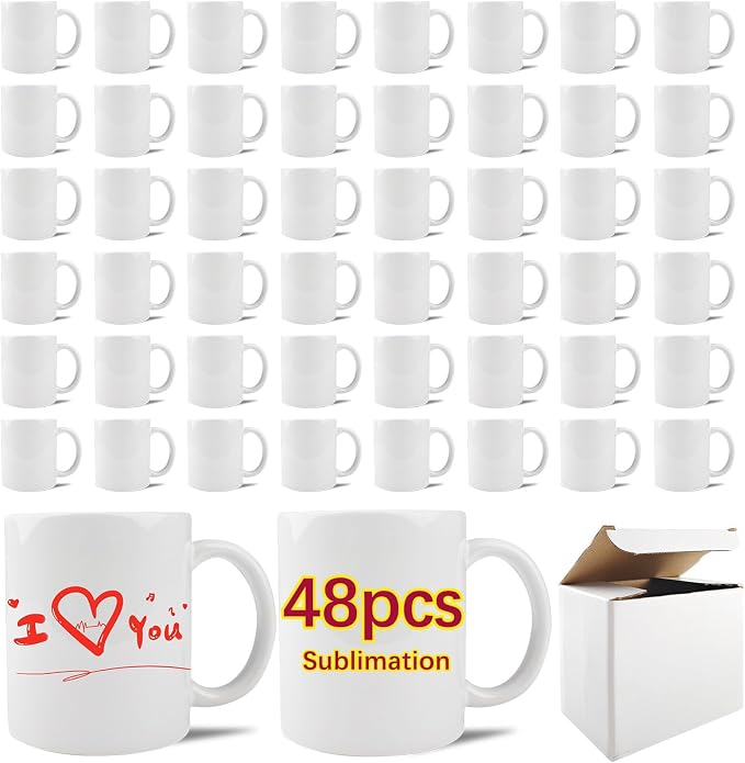 48 PACK 11 oz sublimation mugs with boxes blank bulk products coffee cup with handle tazas para 11oz ounce white sublimation coffee cups (WHITE, 11OZ-48PCS)