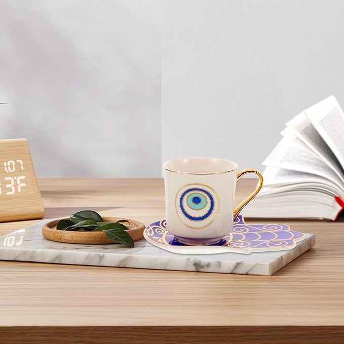 Zerodeko 2-Pack Evil Eye Porcelain Tea Mug Set with Saucer Microwave & Dishwasher Safe Ceramic Cups for Home Office Anti-Scald Handle 4.13X5.90X2.95In Decorative Coffee Cups for Relaxing Tea Time