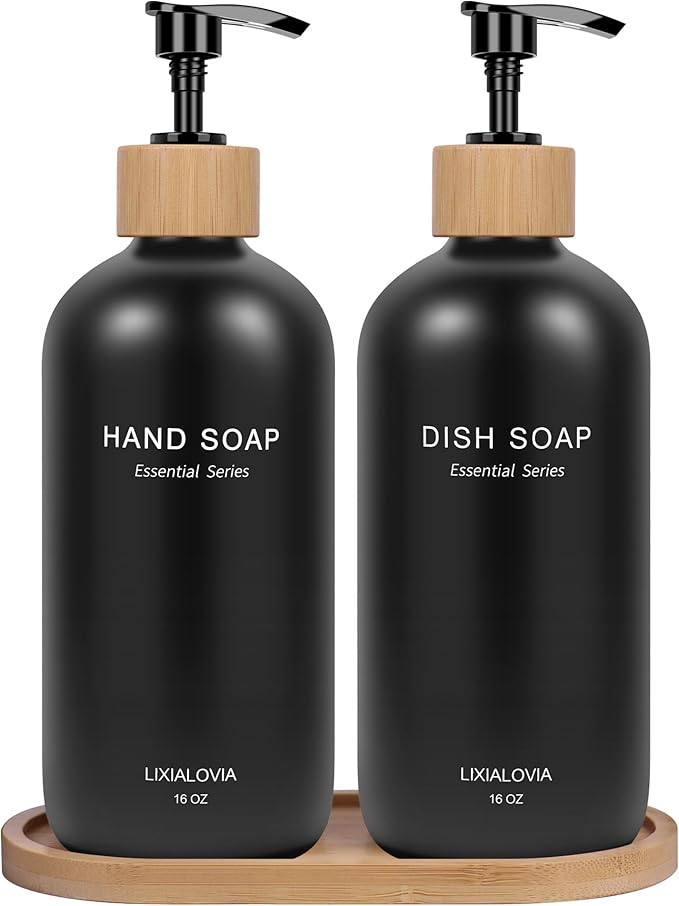 Dish and Hand Soap Dispenser Set with Tray, 16OZ Refillable Glass Bottles and Wood Pump, Double Bottle Countertop Organizer for Kitchen and Bathroom (Black)