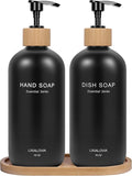 Dish and Hand Soap Dispenser Set with Tray, 16OZ Refillable Glass Bottles and Wood Pump, Double Bottle Countertop Organizer for Kitchen and Bathroom (Black)