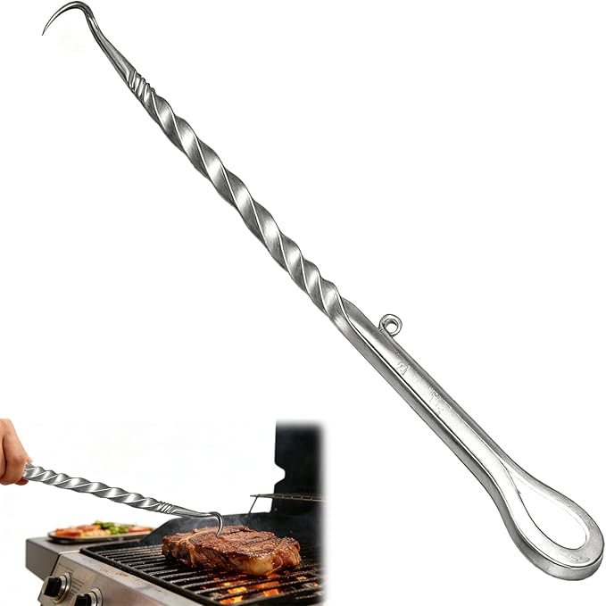 Stainless Steel Meat Hook Flipper, Steak Flipper Hook, Pig Tail Meat Flippers, BBQ Food Flippers, Steak Turner Hook, Meat Turner Hooks,Turning Vegetables and Meats (Right Hand B Stainless Steel)