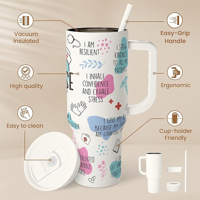 Nurse Tumbler with Handle 40oz, Coffee Travel Mug with Straw, Inspiration Gifts for Women Female Nurses, Nursing Gift for Birthday Christmas Nurse Week
