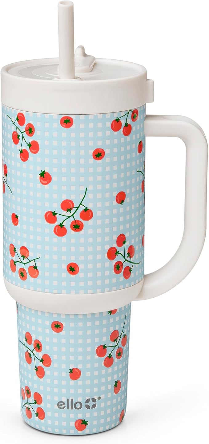 Ello Oasis 30oz Tumbler with Handle & Retracting Straw | Reusable Insulated Stainless Steel Cup 100% Leakproof | Keeps Cold for 23 Hours | Cup Holder Friendly | Picnic on the Vine