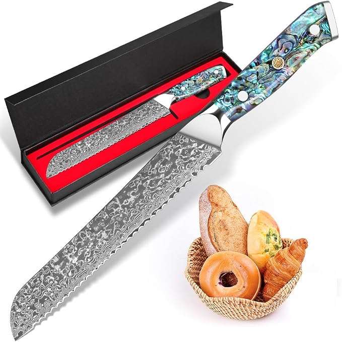 KEENZO Bread Knife,8 inch Multifunction Serrated Knife,Razor Sharp Professional Damascus Steel Cooking Slicer for Homemade Bread, Cake,Full Tang Ergonomic Abalone Shell Resin Handle,Gift Box