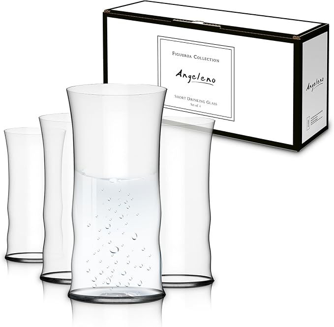 Figueroa Collection Short Drinking Glasses 8 oz - Small Beverage Glasses, Clear Juice Water Cocktail Glass Cups, Modern Everyday Drinking Cups for Juice Soda Whiskey Iced Tea Kitchen Bar - Set of 4