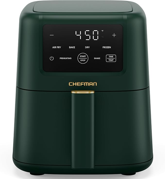 Chefman Air Fryer – 4-in-1 Slim 3.5 QT Airfryer, Air Fry, Bake, Dehydrate, Frozen, 450°F Max Temp for Extra Crispy Results in Minutes, Nonstick Ceramic Coating, Dishwasher-Safe Accessories - Green