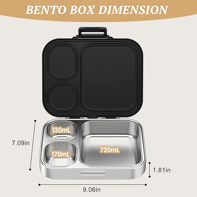 Stainless Steel Lunch Box, Leak-Proof with free sealing Bento Box 3 Compartments, Metal Lunchbox for Travel & Work, Eco-Friendly Meal Storage Solution Black