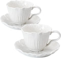 2 Pack White Ceramic Cups and Saucers Coffee Cups with Cabbage Floral Design 200ml (7 oz) Tea Cups for Espresso, Latte, Porcelain Mugs
