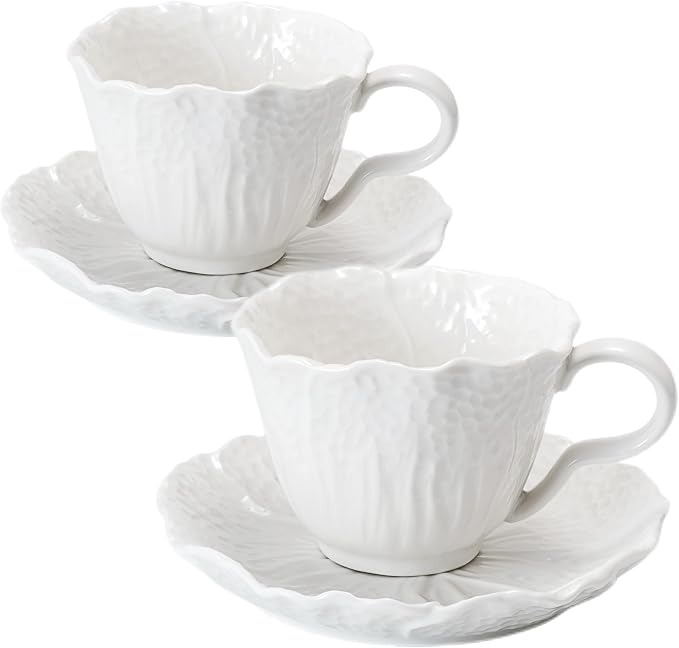 2 Pack White Ceramic Cups and Saucers Coffee Cups with Cabbage Floral Design 200ml (7 oz) Tea Cups for Espresso, Latte, Porcelain Mugs