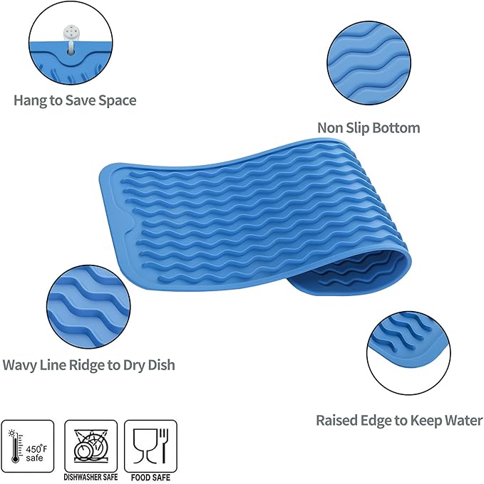 MicoYang Silicone Dish Drying Mat for Multiple Usage,Easy clean,Eco-friendly,Heat-resistant Silicone Mat for Kitchen Counter,Sink,Bar,Bottle,or Cup Lichen Blue M 17 inches x 6 inches
