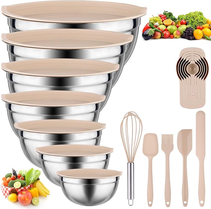 Leidawn Mixing Bowls with Lids set - 25 PCS Stainless Steel Nesting Khaki Mixing Bowls Set for Baking,Mixing,Serving & Prepping,Size 5, 3.7, 2.8, 2.3, 1.7, 1.1, 0.7QT, 11 Cooking