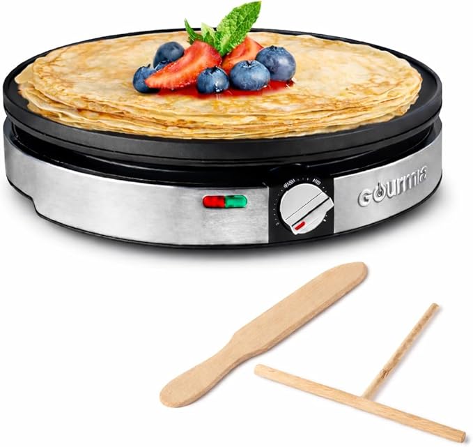Gourmia 12” Crepe Maker – Nonstick Electric Griddle for Pancakes, Omelets & More, Precise Temp Control with Indicator Lights, Includes Spatula & Batter Spreader, Quick Cleanup, Stainless Steel Trim