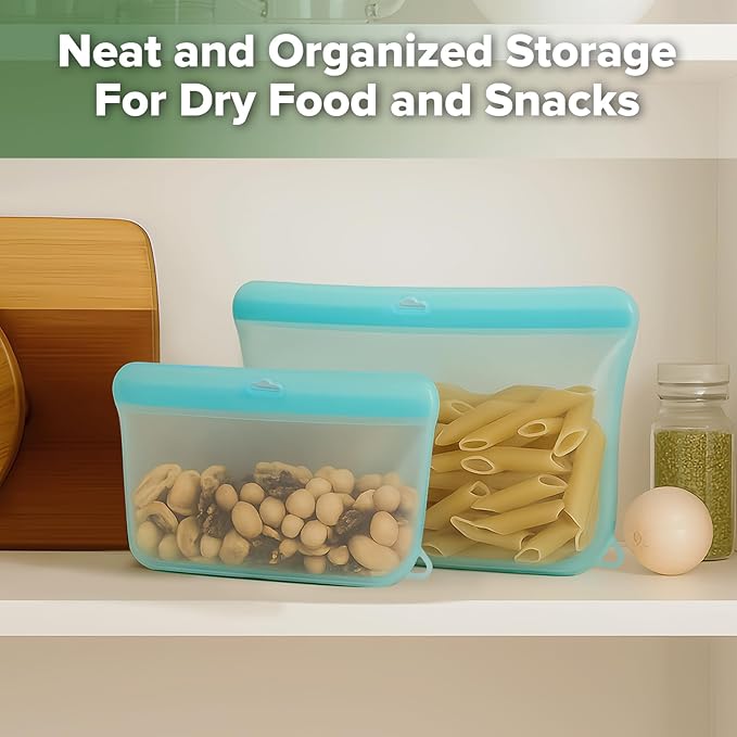Haakaa Dot Seal Reusable Silicone Food Storage Bags, 2 Pack- Silicone Leakproof Freezer & Sandwich Snack Bags, BPA Free Food Containers, Microwave & Dishwasher Safe, Turquoise (500ml, 1500ml)