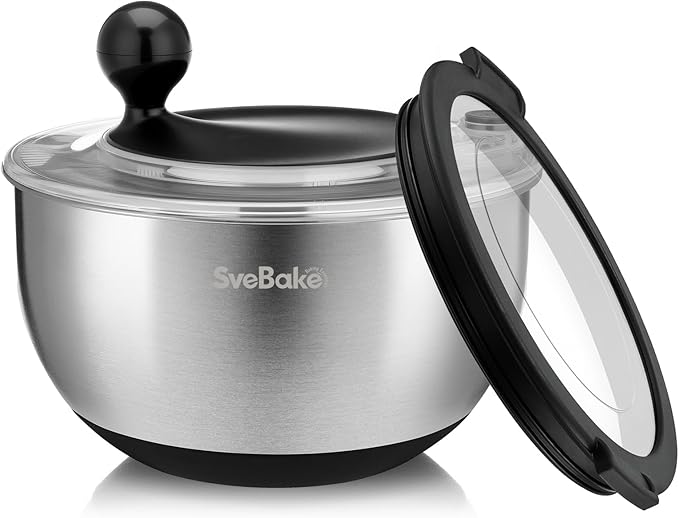 Stainless Steel Salad Spinner with Storage Lid, 5.3 Qt, BPA-Free, 4-in-1 Multi-Functional Lettuce Spinner, Fruit & Vegetable Washer, Easy Clean, Stop Button, Non-Slip Base
