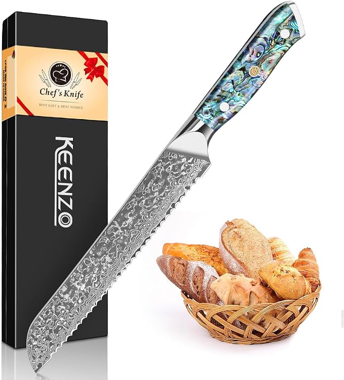 KEENZO Bread Knife,8 inch Multifunction Serrated Knife,Razor Sharp Professional Damascus Steel Cooking Slicer for Homemade Bread, Cake,Full Tang Ergonomic Abalone Shell Resin Handle,Gift Box