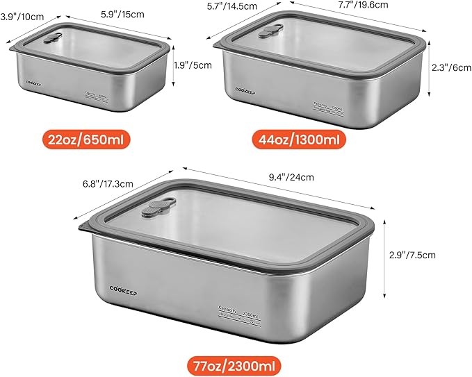 3Pcs Stainless Steel Food Containers,Stainless Steel Containers with Lids,Snack Containers,Lunch Box,Easy Clean,Airtight&Leakproof for Kitchen Storage,Dishwasher Safe,BPA-Free (22oz+44oz+77oz)