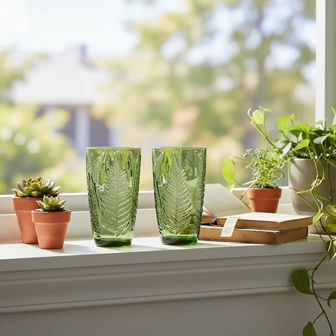 Green Drinking Glasses Set of 8, 16 oz Vintage Hand-Pressed Glass Cups, Fern Textured Highball Tumblers, Antique Style Boho Glassware for Water, Juice, Cocktails & Mocktails, Housewarming Gift Set