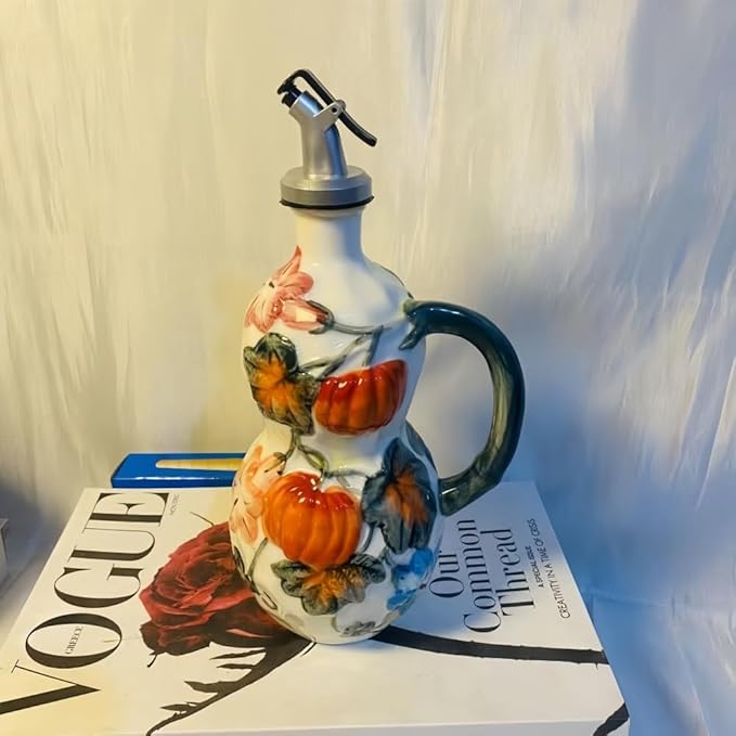 18.26oz/540ml Decorative Olive Oil Dispenser Bottle for Kitchen,Hand Painted Relief Ceramic Olive Oil Bottle,Ceramic Oil Container (Pumpkin)