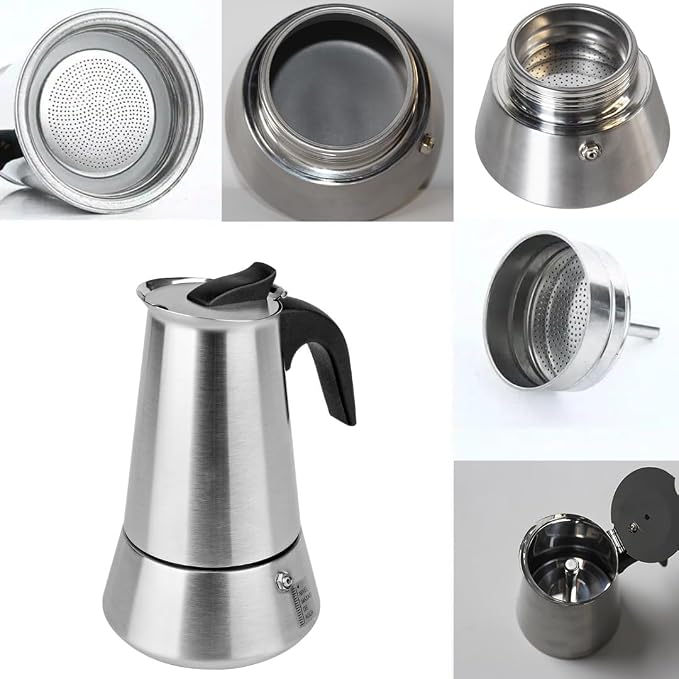 4 Cup Stovetop Espresso Maker Matte Stainless Steel Moka Pot Italian and Cuban Mocha Coffee Maker, Compatible with Gas, Electric, Ceramic, and Induction stovetops(6.6 fl oz/200 ml)