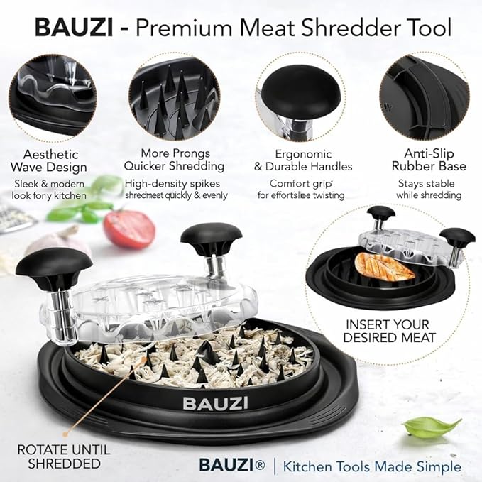 Premium Manual Food Shredder, Chicken Crusher Tool, Large Standard Size, PowerPull Chicken Grinder, Pork & Beef, KitchenPro Chicken Shredder Tool (Black)