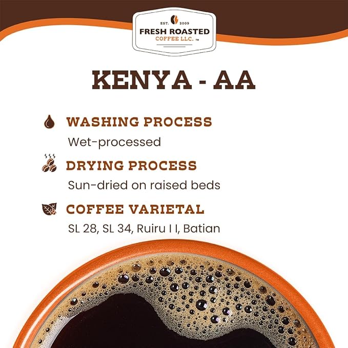 Fresh Roasted Coffee, Kenya AA Whole Bean Coffee, Med-Dark Roast, Kosher, 12 oz
