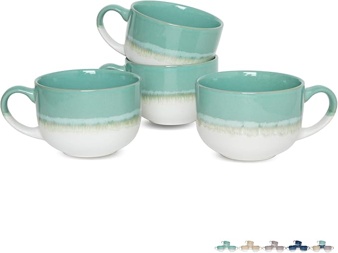 Bosmarlin Ceramic Coffee Mug Set of 4, 16 Oz, Jumbo Latte Mugs, Dishwasher and Microwave, Unique Reactive Glaze (Mint Green, 16 Oz)