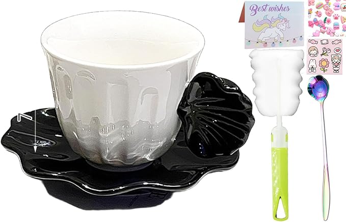 Pearl Shell Ceramic Coffee Mug with Shell Coaster Set for Tea Latte Milk Cute Cup with Saucer for Home Office Women Gift 6.5 oz (black S, 270 ml)