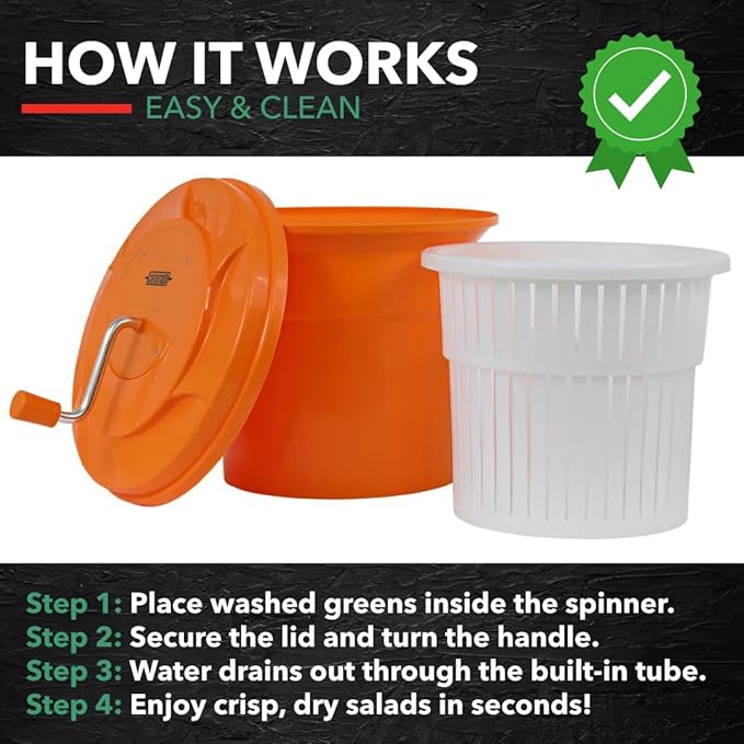 5-Gallon Salad Spinner - Manual Lettuce Dryer, High-Capacity, Orange, Plastic Spinner for Efficient Greens Drying in Commercial Kitchens