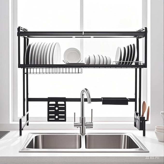 Over The Sink Dish Drying Rack 2 Tier Large Dish Drainer Drying Rack 41.33" W Multifunctional Kitchen Organizers and Storage for Dishes, Glasses, Bowls, and Cutlery (Black)