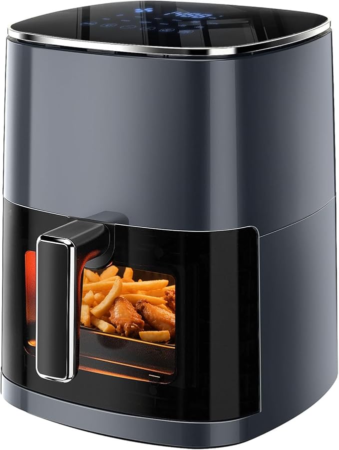 HealSmart Air Fryer - 6.34 QT Digital Airfryer with Visible Window, 12 Presets Functions, Nonstick and Dishwasher-Safe Basket, 1700W, Gray