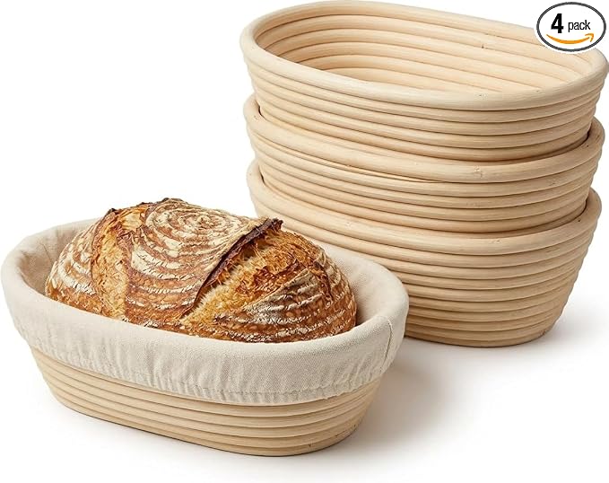 Nalcant 4 Pack Oval Banneton Proofing Basket Set 10 Inch, Natural Rattan Sourdough Bread Baskets with Linen Liners, Artisan Dough Rising Bowls for Home & Professional Bakers (10" Oval, Set of 4)
