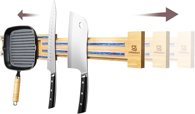 Extendable 32Inch Magnetic Knife Holder for Wall with Screw & Adhesive Mounting, Wood Magnetic Knife Strip from 16 to 32 Inch for Knife Bar, Knife Holder, Kitchen Utensil Organizer or Tool Room