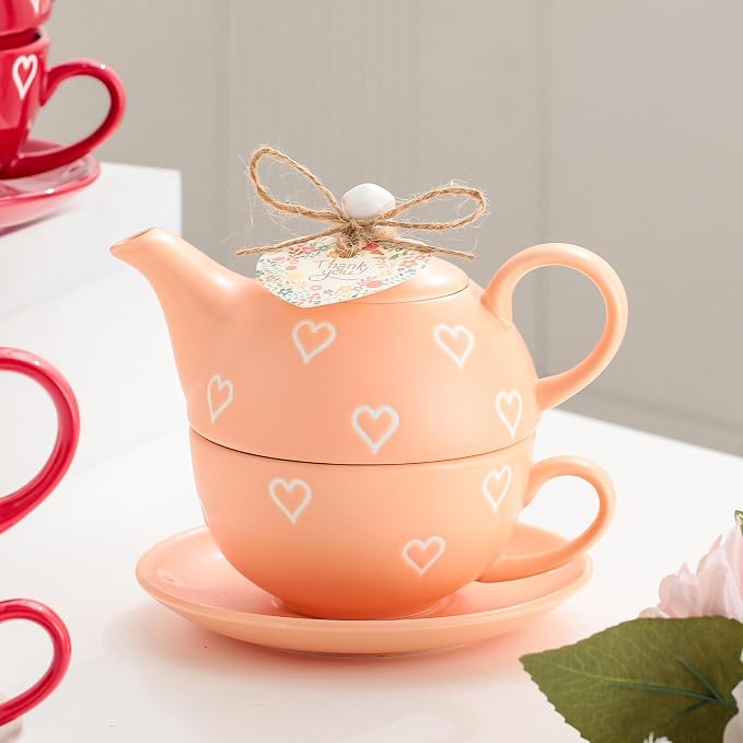 Domini Teapot cup combo,Teapot and Teacup for One,Tea Cup and Saucer Set-Tea Pot Set Gift for Girl Women,Matte orange