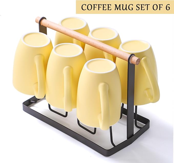 Coffee Mugs Set of 6, 12oz Ceramic Coffee Mugs with Handle, Matte Porcelain Yellow Coffee Mug for Latte, Tea, Cocoa, Cappuccino, Cups for Women Men for Home Restaurant Mug (Yellow)