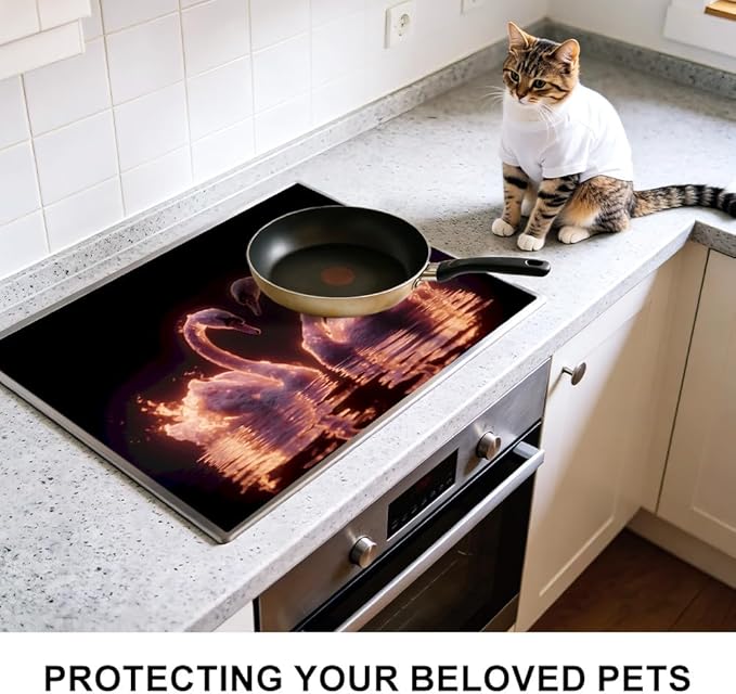 Stove Top Cover for Electric Stove 28.35 x 20.47 Inch Non Slip Stove Mat Glowing Swan Couple Glass Cooktop Protector Kitchen Counter Mat