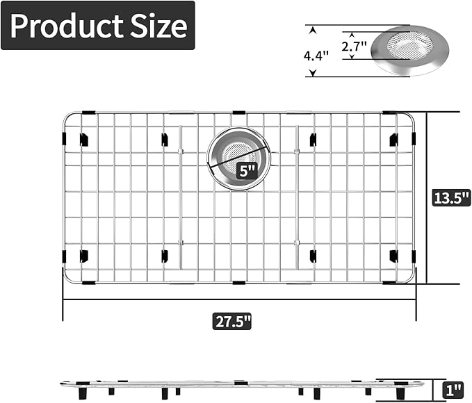 27.5’’ x 13.5’’ Sink Grid, Stainless Steel Sink Protectors for Kitchen Sink, Sink Bottom Grid, Rear Drain with Corner Radius, Sink Grids for Kitchen Sink, Sink Grid for Bottom of Sink