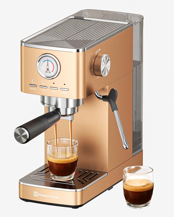 Maestri House Espresso Machines 20 Bar ULKA Pump, Compact Espresso Maker Built-in Flow Meter Steam Milk Frother, 43oz Removable Water Tank Stainless Steel Coffee Machine for Cappuccino (Rose Golden)