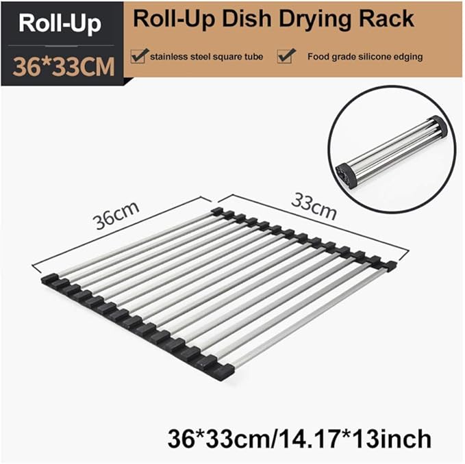 Roll Up Dish Drying Rack Over The Sink Dish Drying Rack Made of Stainless Steel and Silicone Coat Fruit and Vegetable Drying，for Kitchen Sink(39 * 33cm/15.35 * 13inch)