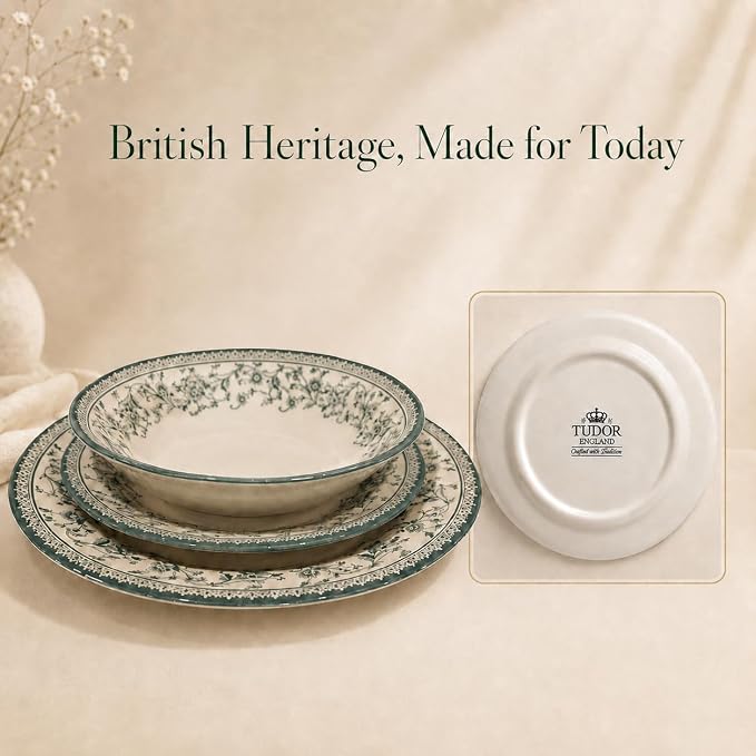 Tudor Royal 12-Piece Round Porcelain Dinnerware Set, Service for 4 - Aster Green Design, Multicolor Floral, Plates Bowls Mugs Dishes, Premium Quality Tableware, Unique Pattern, Glossy